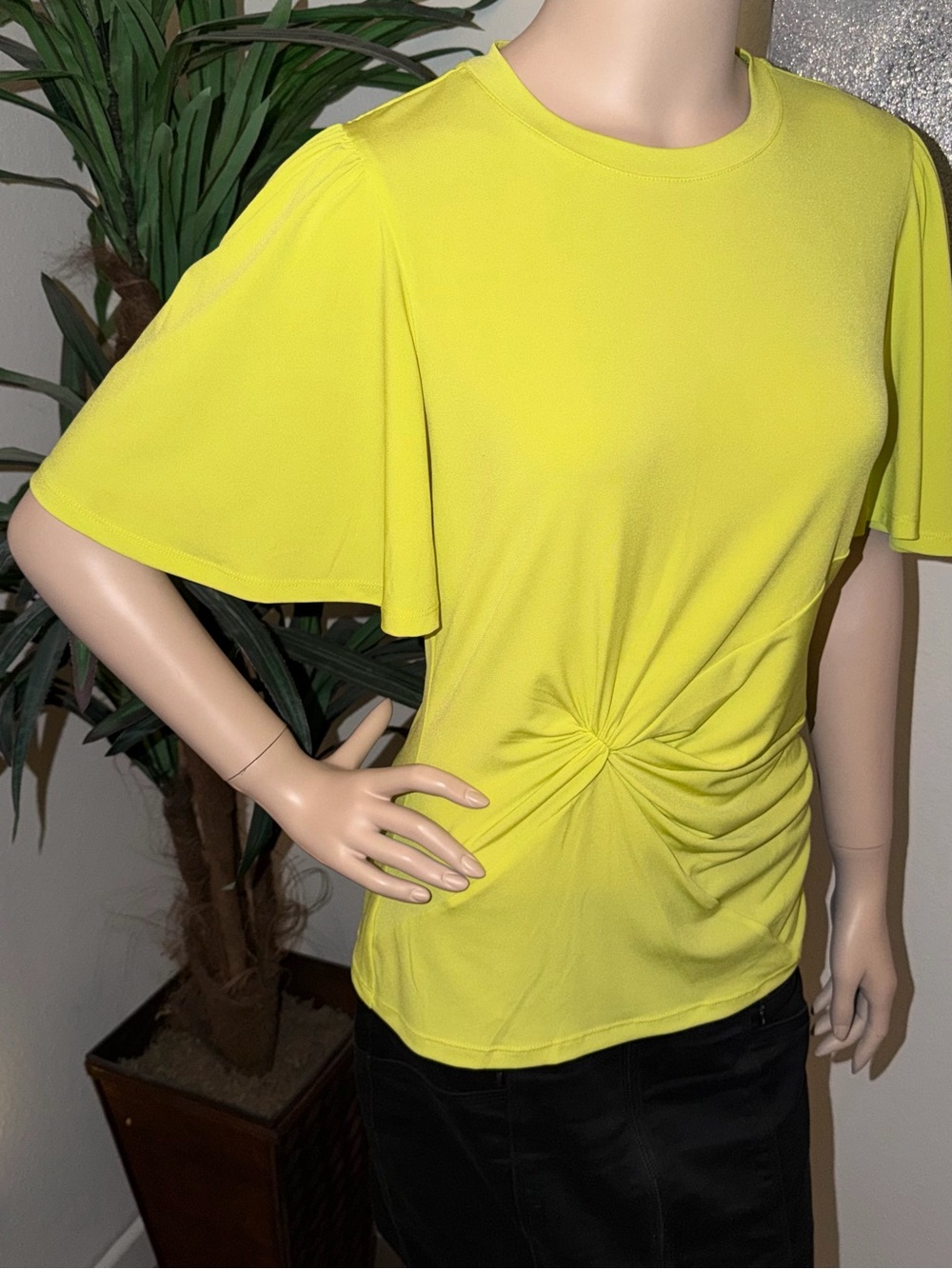 NEW DKNY Chartreuse Twist Front Stretch Top Size S Neon Yellow Green